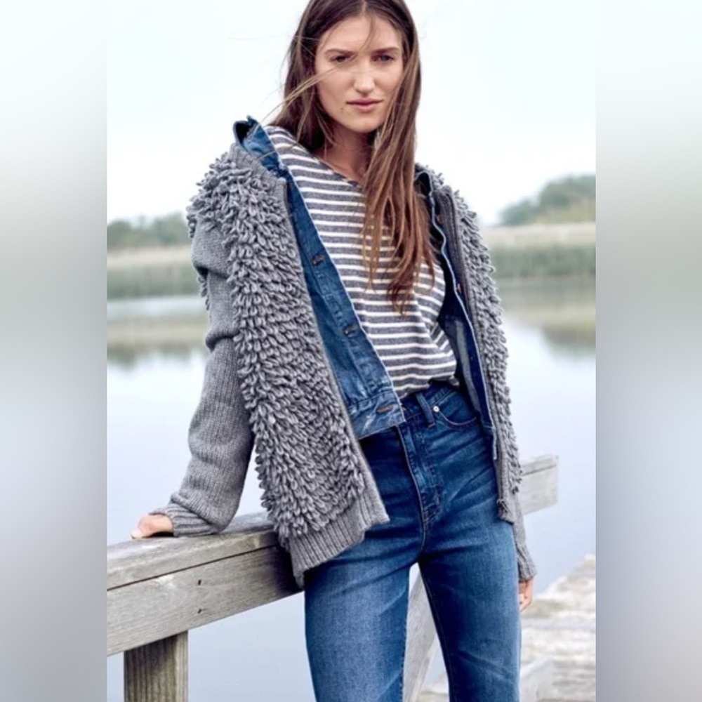 Madewell Alpaca Merino Wool Zip Up Cardigan Sweater Gray Fringe Loop XS Coastal
